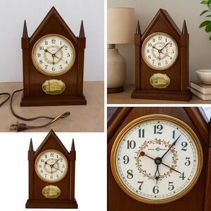 General Electric Vtg 4H60 Cathedral‎ Mantel Clock Floral Dial, Wood Case, Works